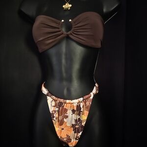 Zara Brown Bandeau Bikini with Orange Floral High-Cut Bottom